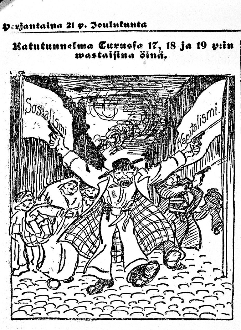 Skämtteckning i tidningen Sosialisti 21.12.1917.