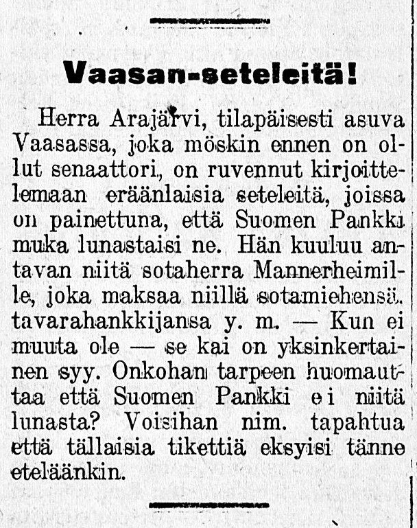 ‘Vaasa banknotes!’ Lovisa Notisblad newssheet, 28 March 1918.