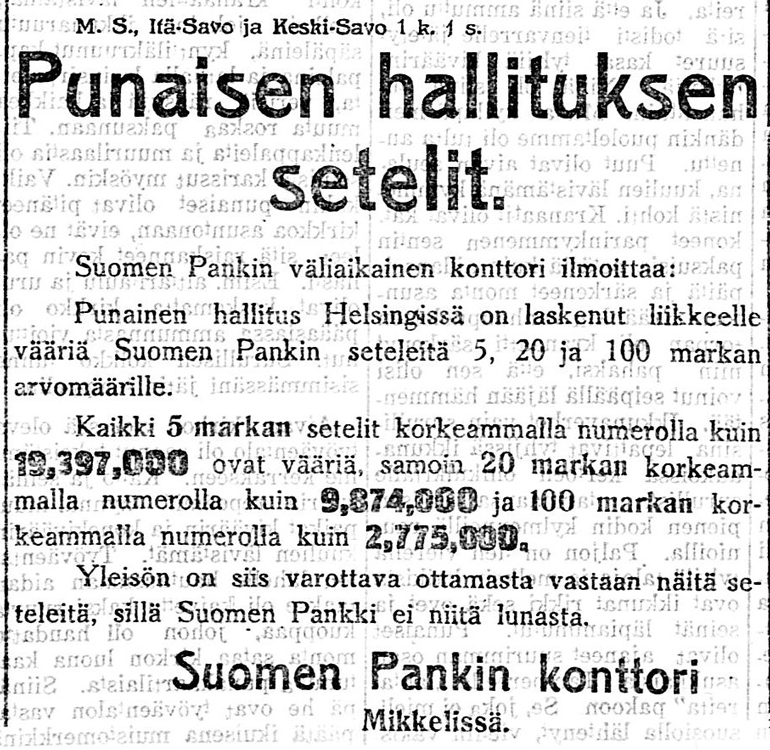 Press announcement of the invalidation of Red banknotes. Länsi-Savo.