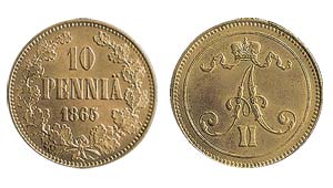 10-pennismynt, 1865 (av 1861 års typ)