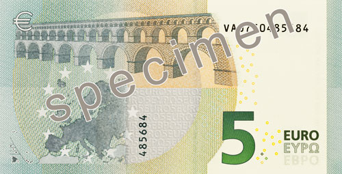 Toisen sarjan 5 euron seteli: takasivu