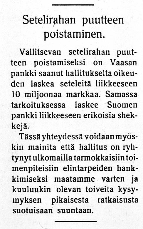 ”Setelirahan puutteen poistaminen”. Korpijaakko 21.2.1918.