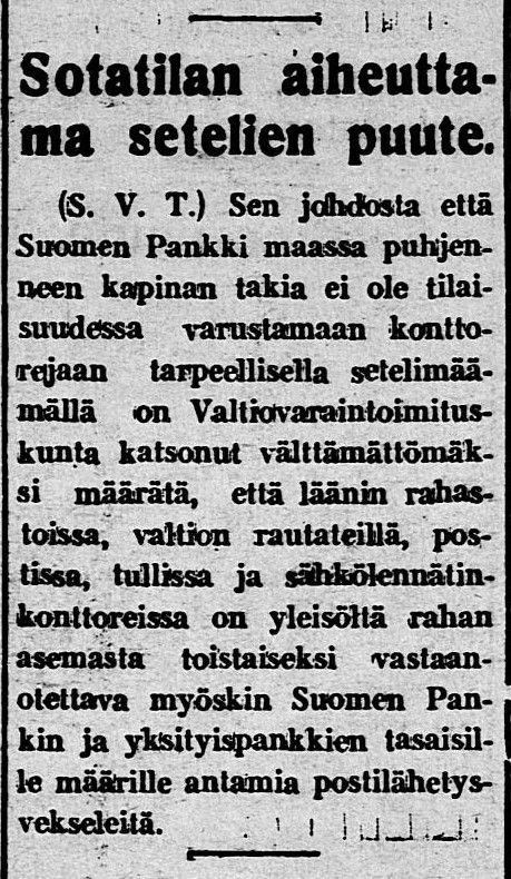 Sotatilan aiheuttama setelien puute (‘Shortage of banknotes due to the war’). Valkoinen Suomi 8 (‘White Finland’) 7 March 1918.
